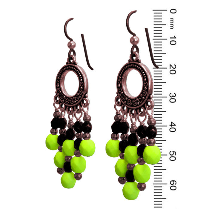Neon Yellow Chandelier Earrings / 65mm length / dark copper with hypo-allergenic niobium earwires