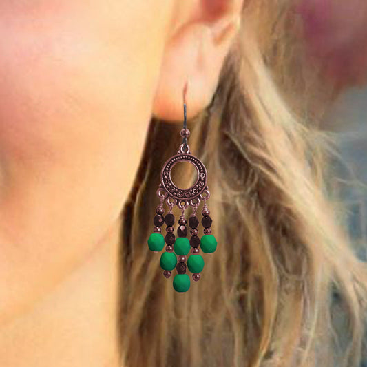 Neon Emerald Green Chandelier Earrings / 65mm length / dark copper with hypo-allergenic niobium earwires