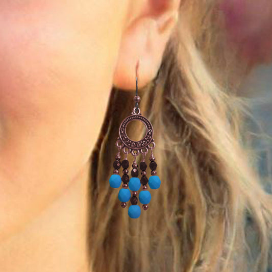 Neon Electric Blue Chandelier Earrings / 65mm length / dark copper with hypo-allergenic niobium earwires
