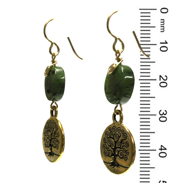 Green Serpentine Tree of Life Earrings / 47mm length / gold filled earwires