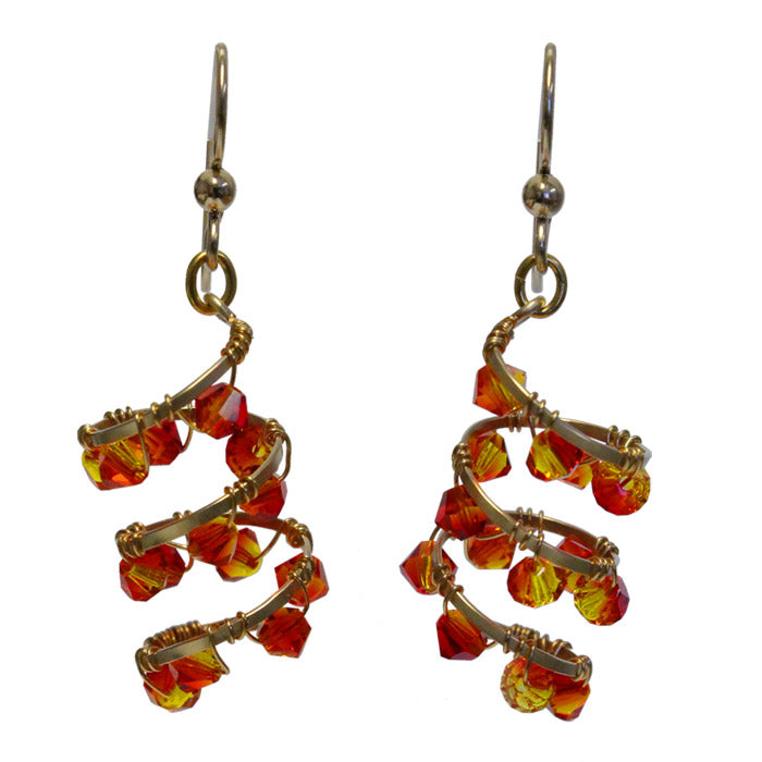 Helix Nebula Galaxy Earrings / 47mm length / orange fireopal red crystal / gold filled leverbacks