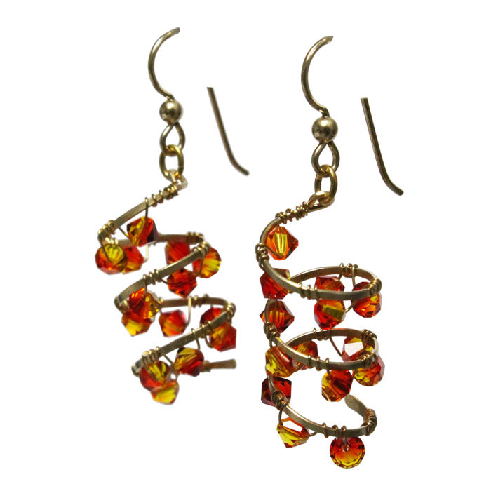 Helix Nebula Galaxy Earrings / 47mm length / orange fireopal red crystal / gold filled leverbacks