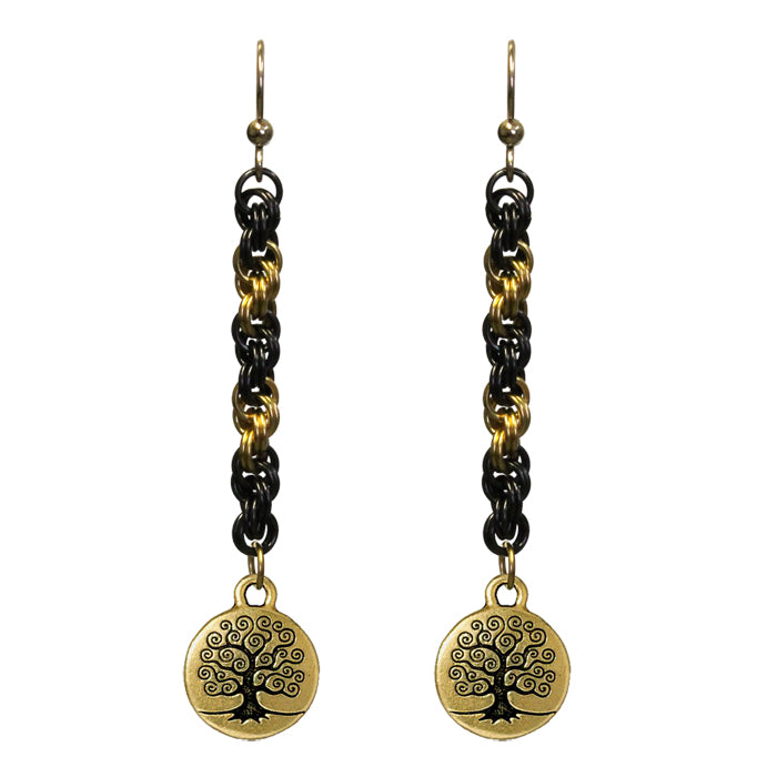 Tree of Life Chainmail Earrings / 80mm length / gold filled earwires / black and gold / charm earrings