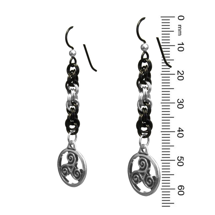 Triskele Chainmail Earrings  / 63mm length / celtic charms / black niobium earwires
