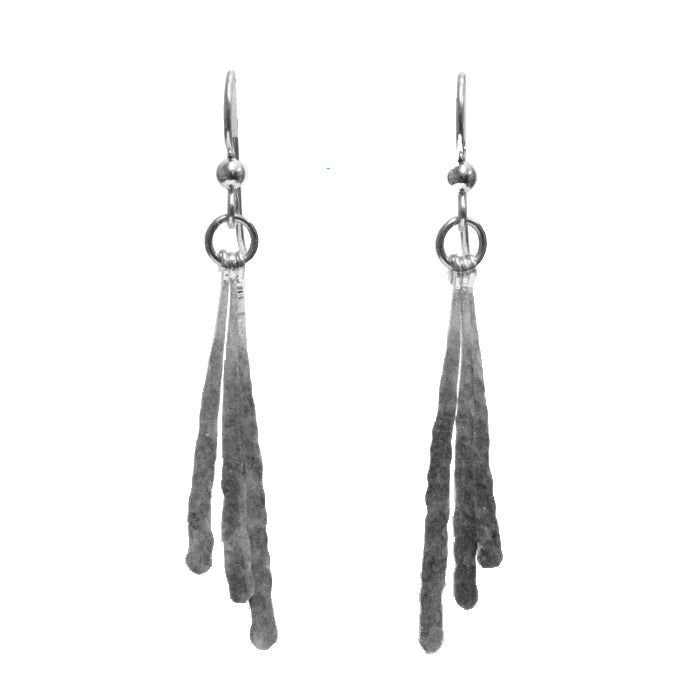 Triple Sticks Earrings / 60mm length / hammered organic handmade dangles / sterling silver
