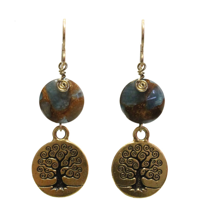 Tree of Life Earrings / 47mm length / blue and gold quartz / gold pewter tree charm / gold filled earwires
