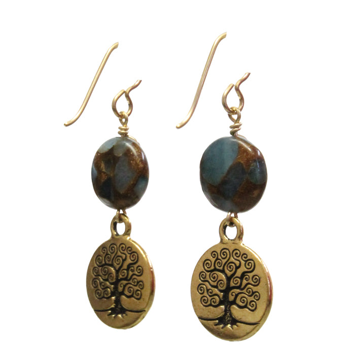 Tree of Life Earrings / 47mm length / blue and gold quartz / gold pewter tree charm / gold filled earwires