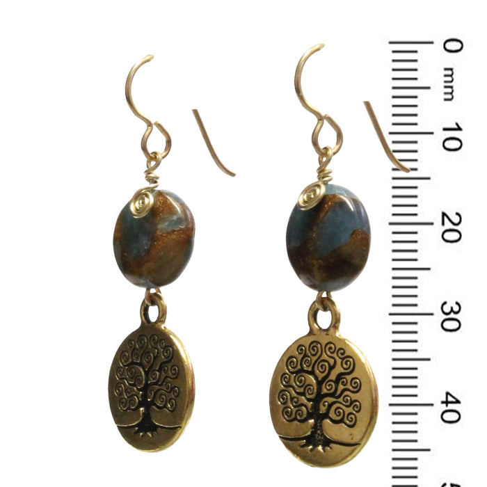 Tree of Life Earrings / 47mm length / blue and gold quartz / gold pewter tree charm / gold filled earwires