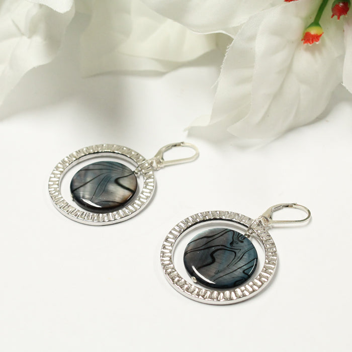 Spectral Ring Earrings / 50mm length / blue grey shell with silver / sterling leverback earwires