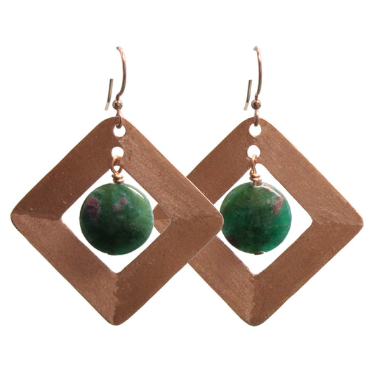 Brushed Copper Earrings with Ruby Fuchsite / 55mm length / pure copper earrings
