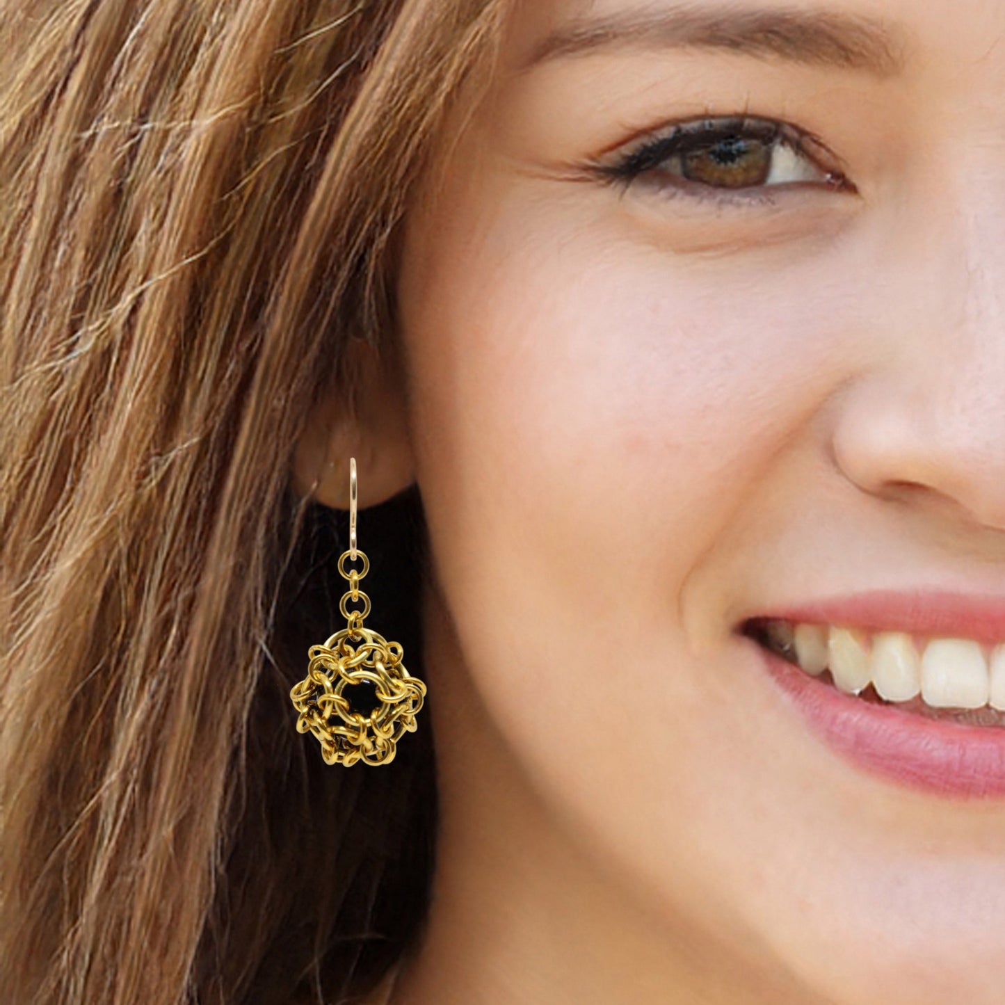 Chainmail Ball Earrings / choose from 5 colors / 40mm length / with black onyx and hook earwires
