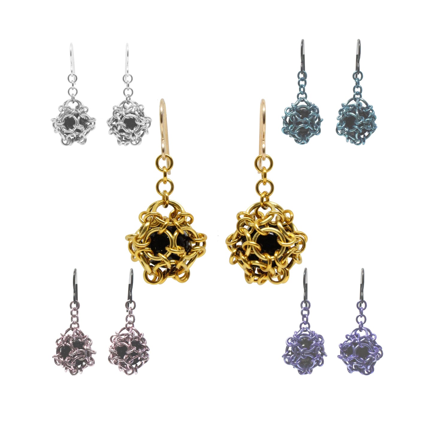 Chainmail Ball Earrings / choose from 5 colors / 40mm length / with black onyx and hook earwires