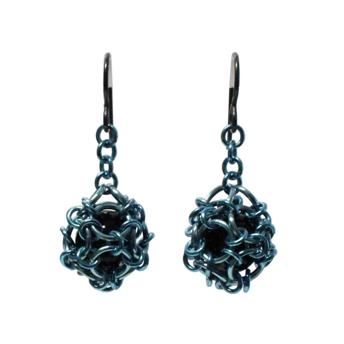 Chainmail Ball Earrings / choose from 5 colors / 40mm length / with black onyx and hook earwires