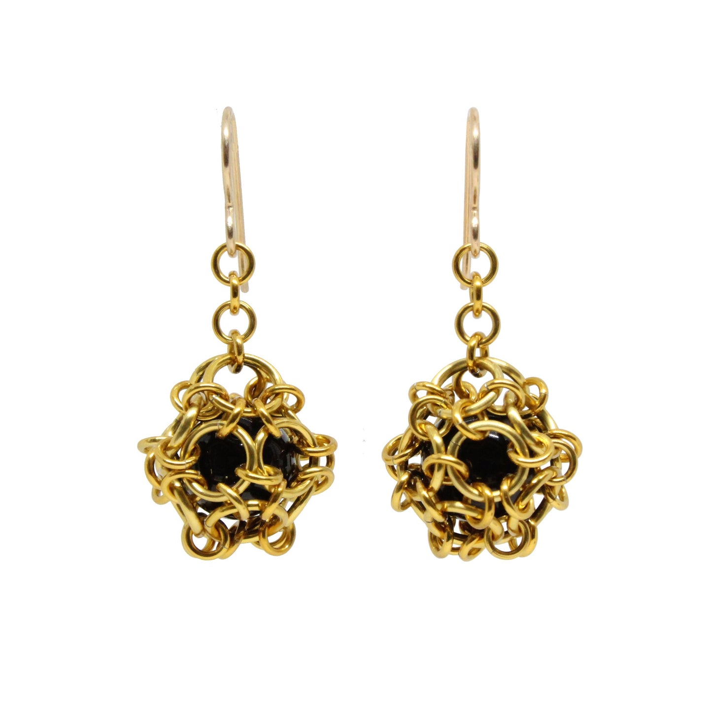 Chainmail Ball Earrings / choose from 5 colors / 40mm length / with black onyx and hook earwires