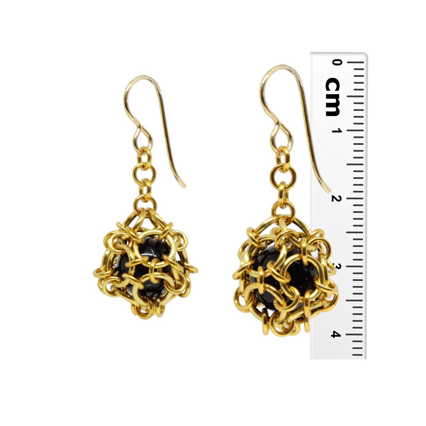 Chainmail Ball Earrings / choose from 5 colors / 40mm length / with black onyx and hook earwires