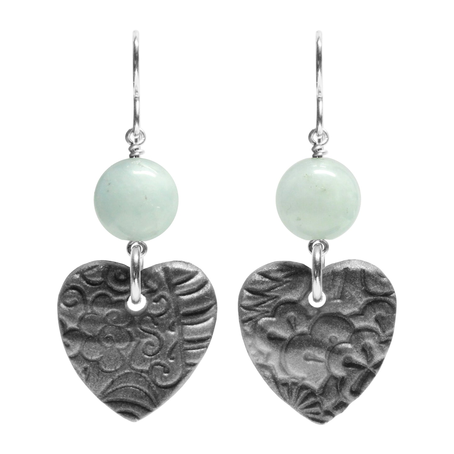 Grey Heart Charm Earrings / 48mm length / sterling silver hook earwires / choose your own gemstone