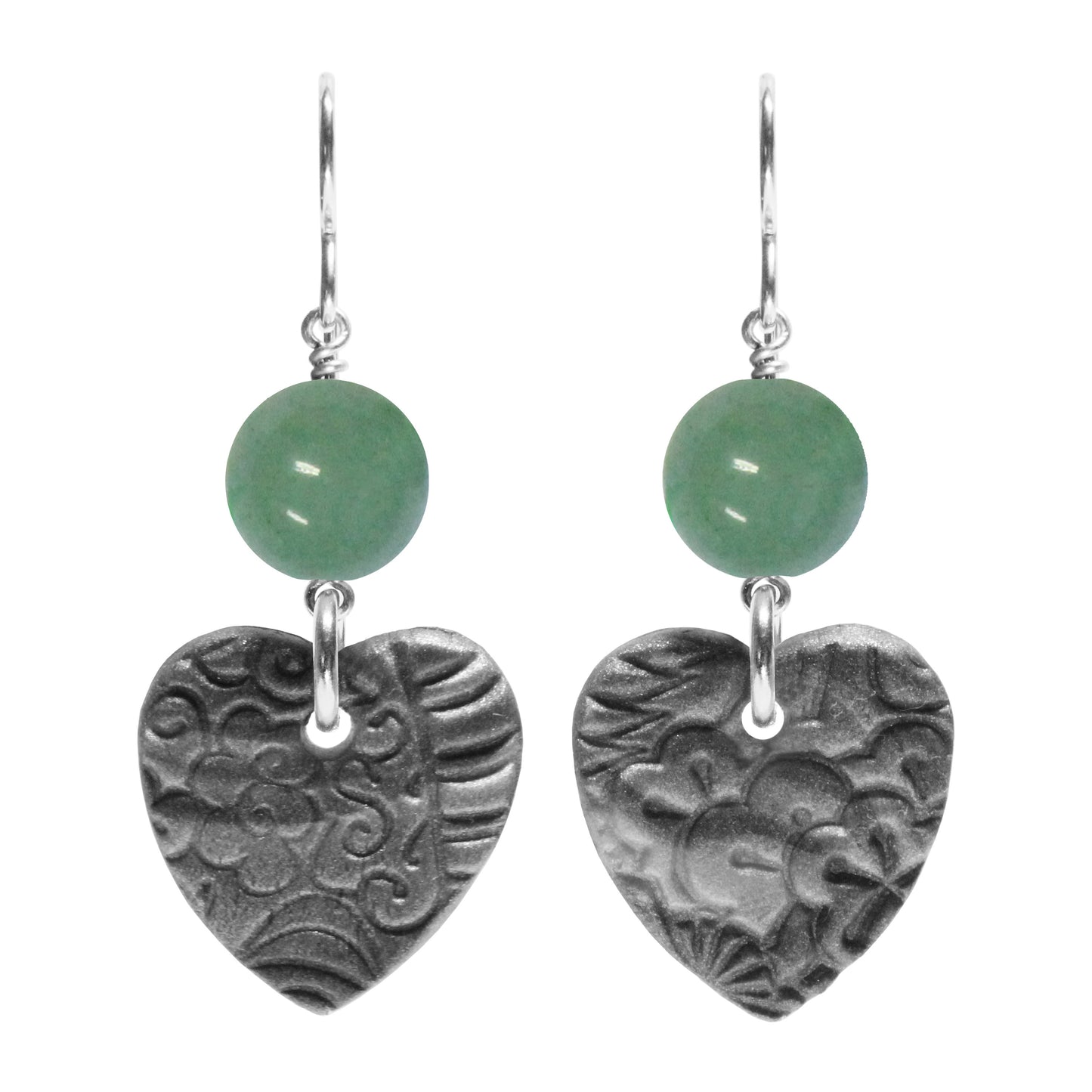 Grey Heart Charm Earrings / 48mm length / sterling silver hook earwires / choose your own gemstone