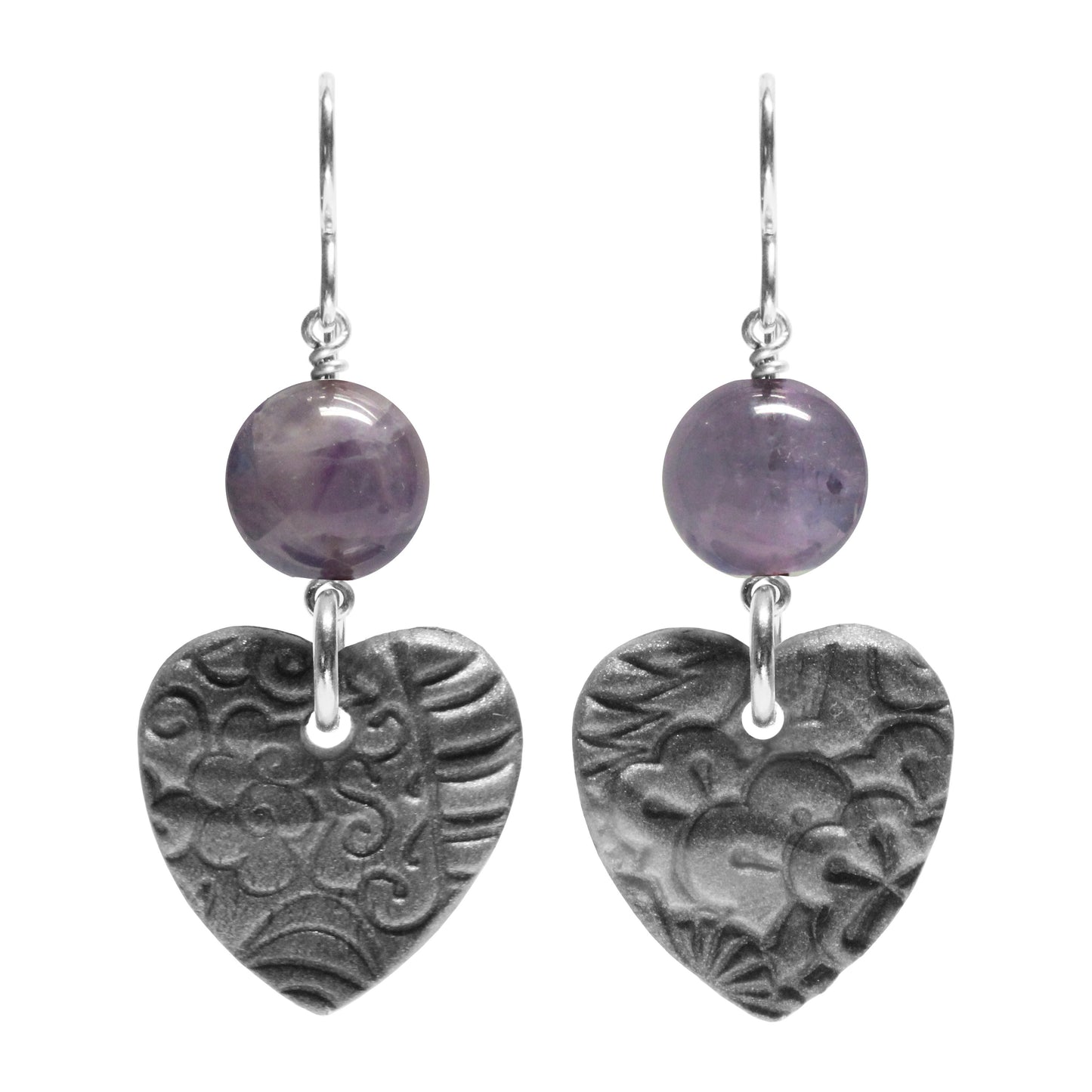 Grey Heart Charm Earrings / 48mm length / sterling silver hook earwires / choose your own gemstone