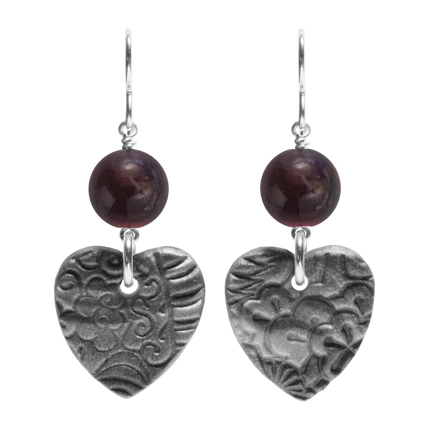 Grey Heart Charm Earrings / 48mm length / sterling silver hook earwires / choose your own gemstone