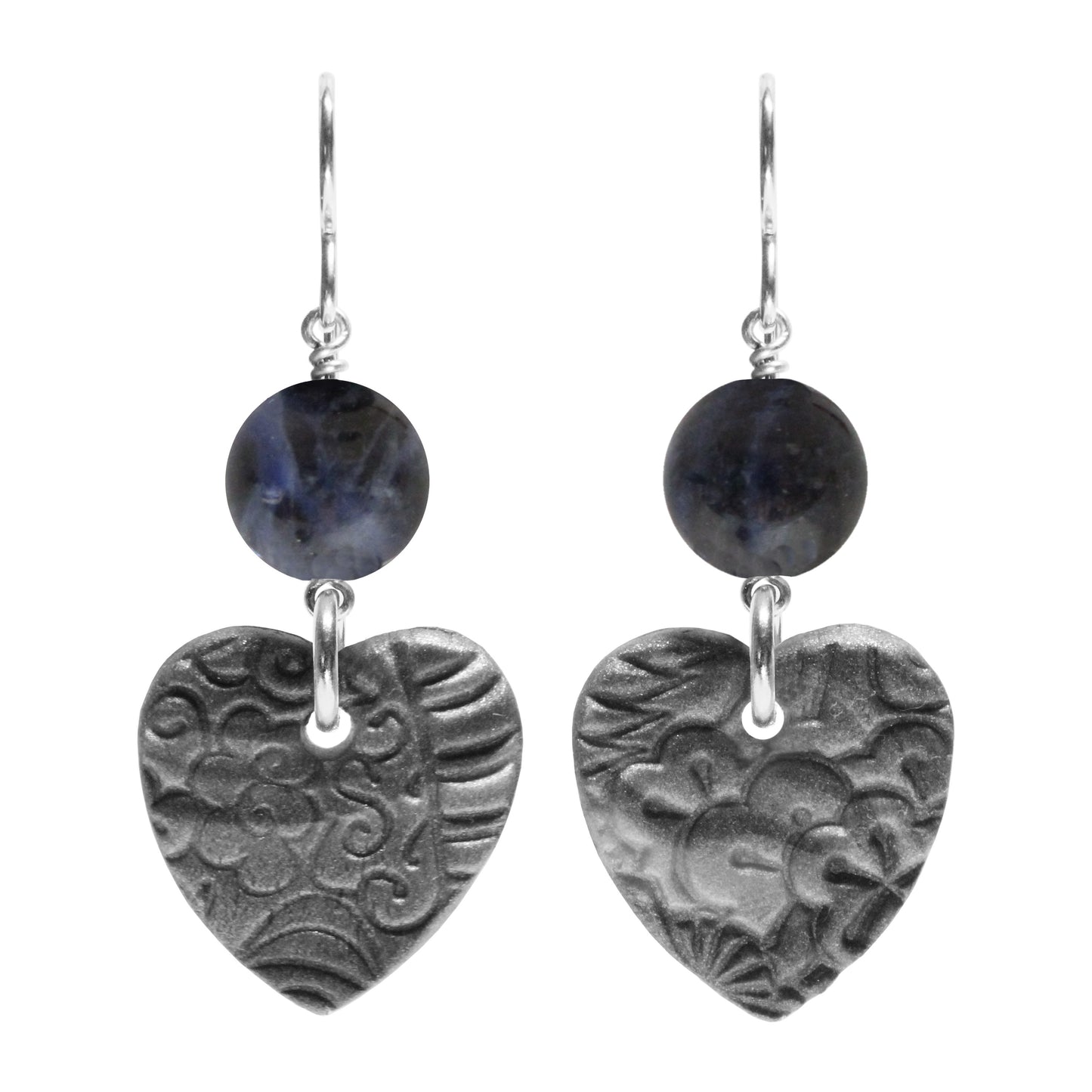 Grey Heart Charm Earrings / 48mm length / sterling silver hook earwires / choose your own gemstone