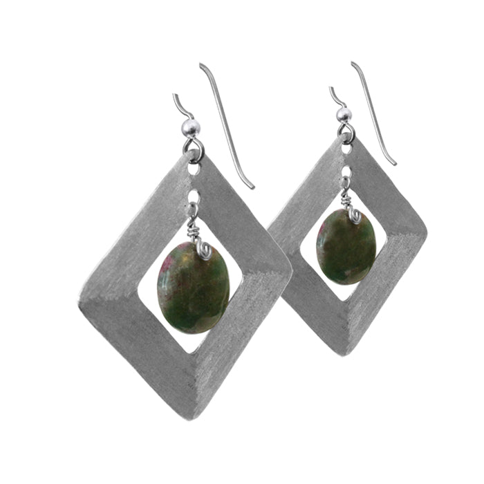 Brushed Steel Earrings with Ruby Fuchsite / 55mm length / hypo-allergenic niobium earwires