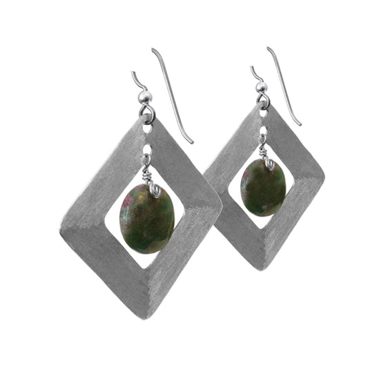 Brushed Steel Earrings with Ruby Fuchsite / 55mm length / hypo-allergenic niobium earwires