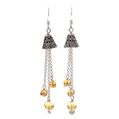 Bellflower Silver Earrings / 70mm length / yellow and silver / sterling silver earwires