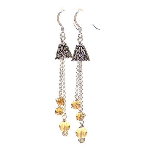 Bellflower Silver Earrings / 70mm length / yellow and silver / sterling silver earwires