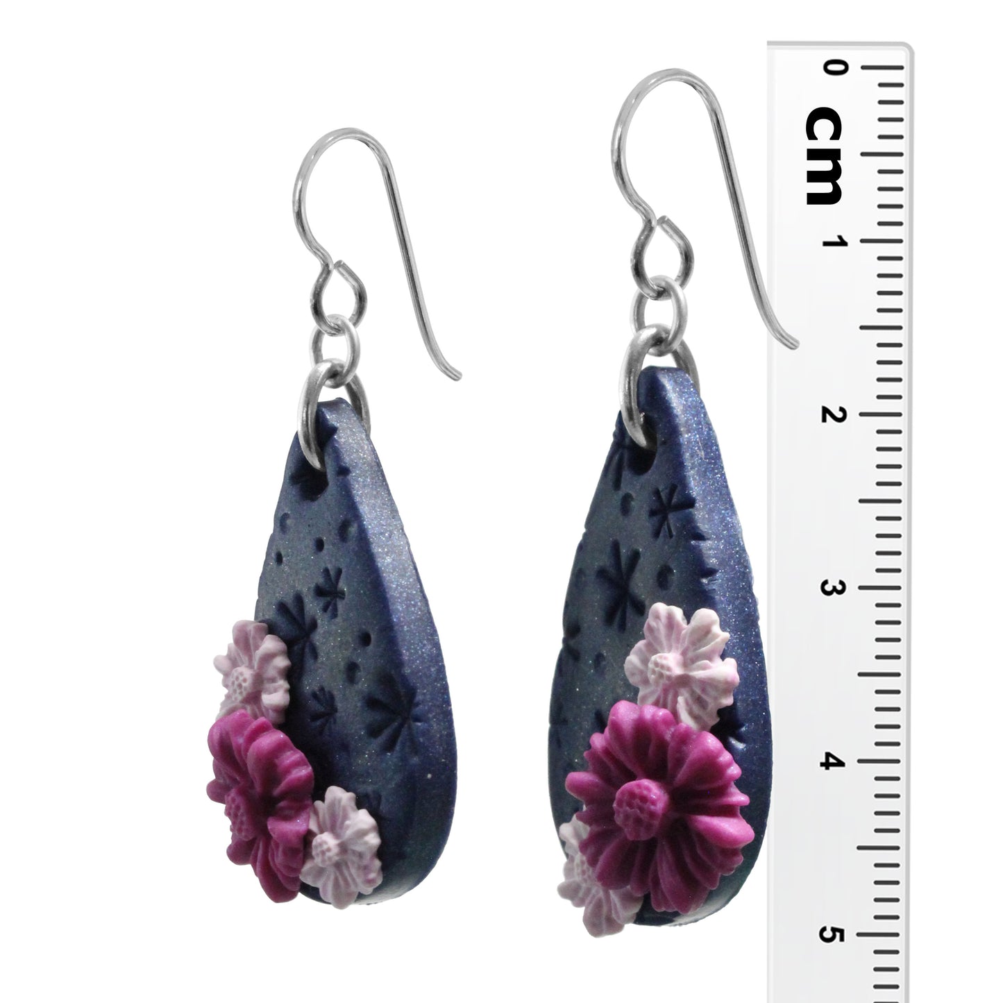 Spring Nightfall Flower Earrings / 50mm length / sterling silver hook earwires