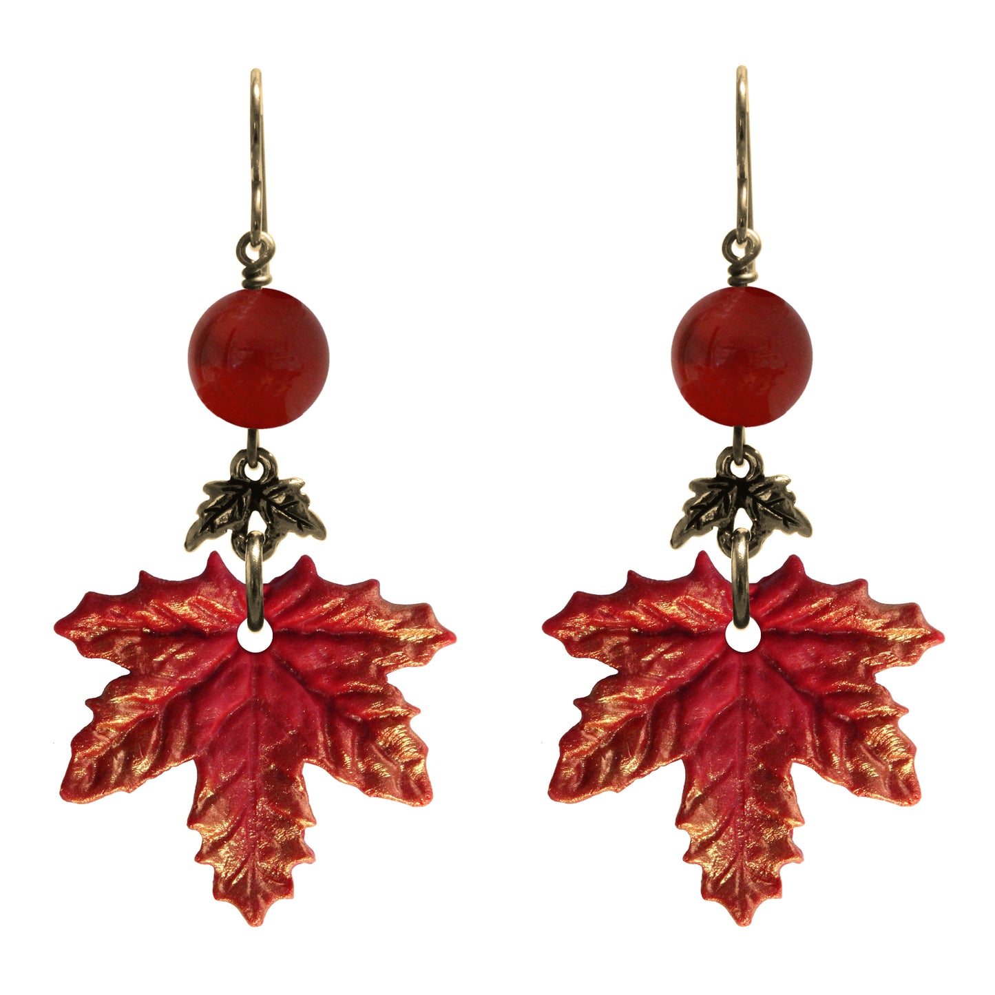 Autumn Red Maple Leaf Charm Earrings / 42mm length / gold filled hook earwires