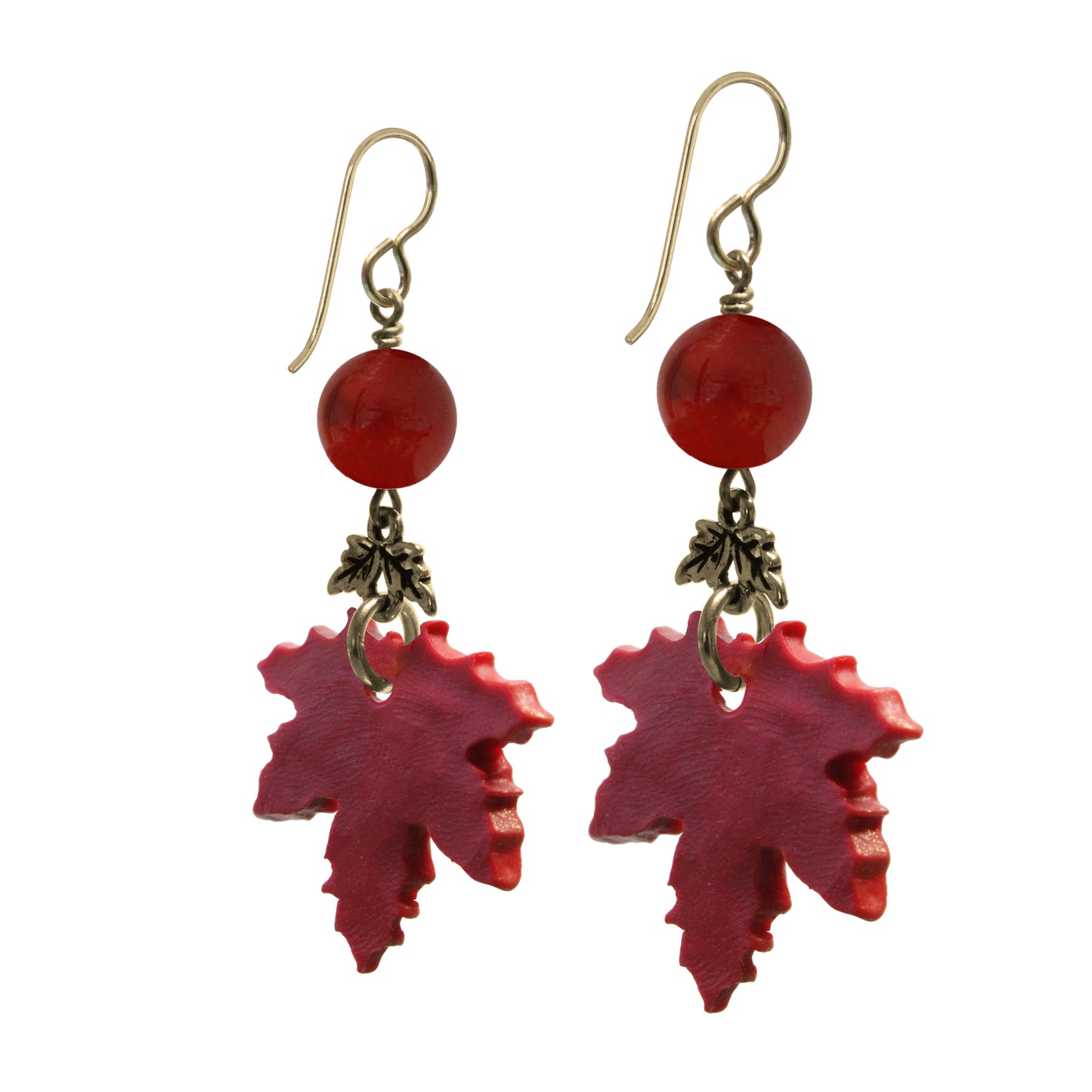 Autumn Red Maple Leaf Charm Earrings / 42mm length / gold filled hook earwires