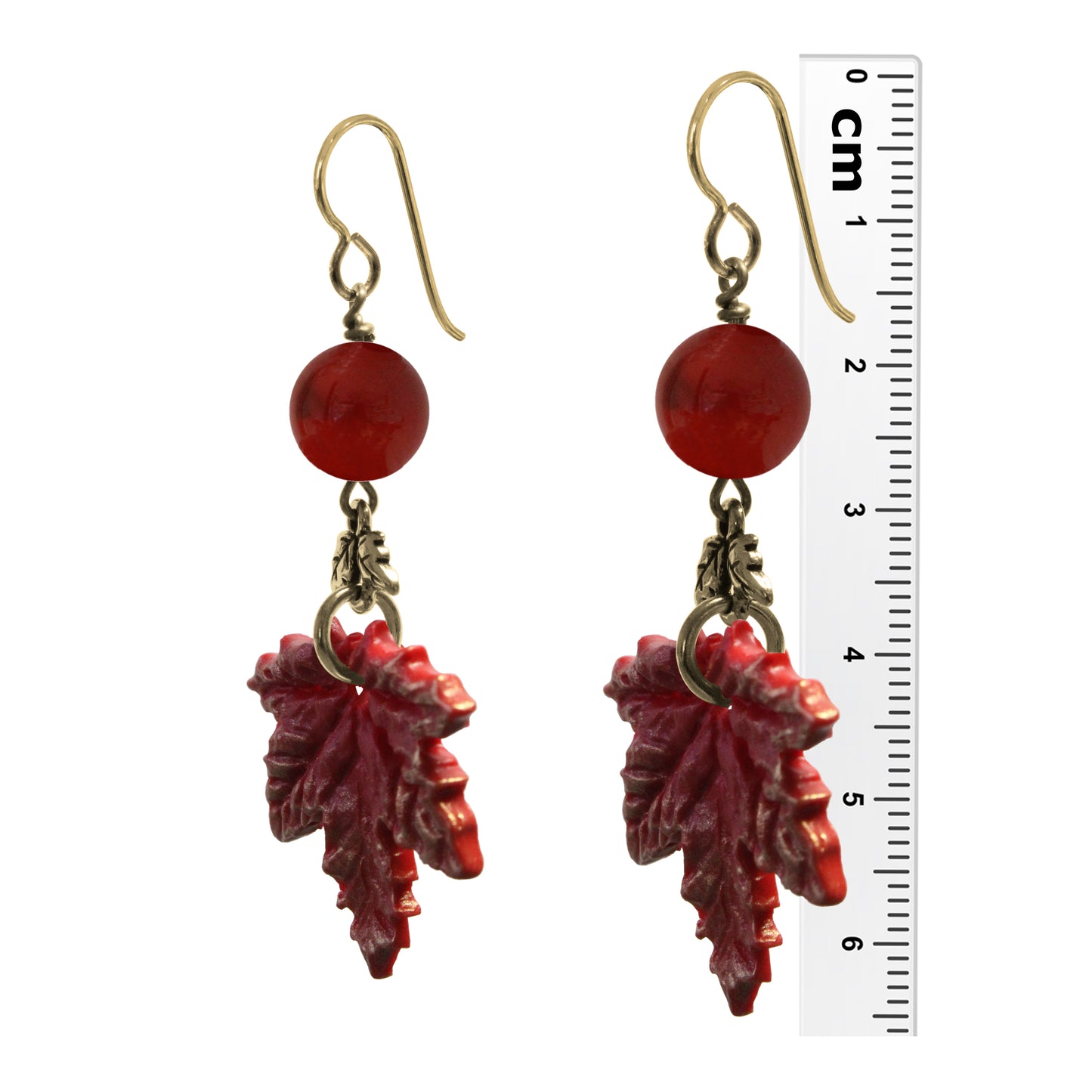 Autumn Red Maple Leaf Charm Earrings / 42mm length / gold filled hook earwires