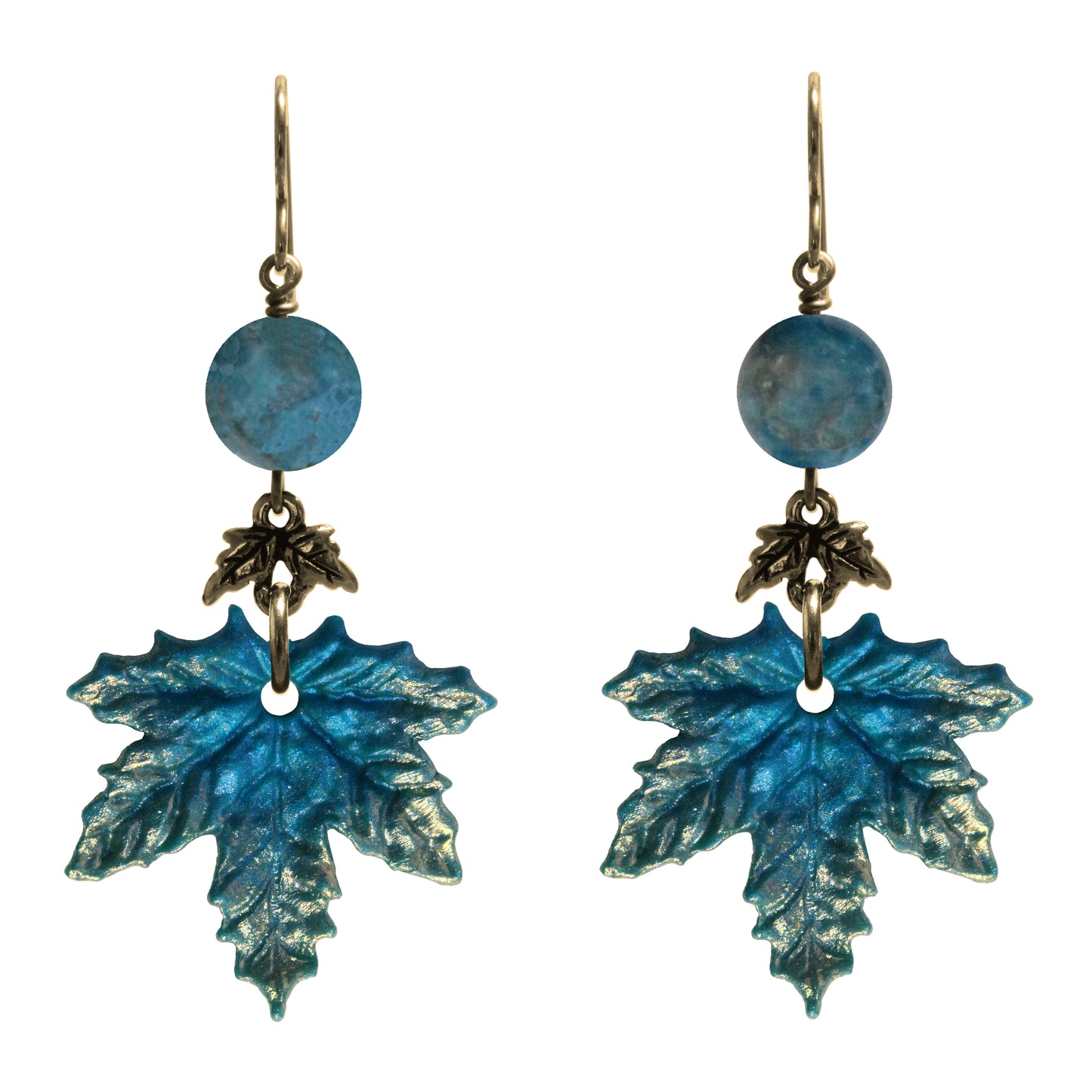 Winter Blue Maple Leaf Charm Earrings / gold filled hook earwires