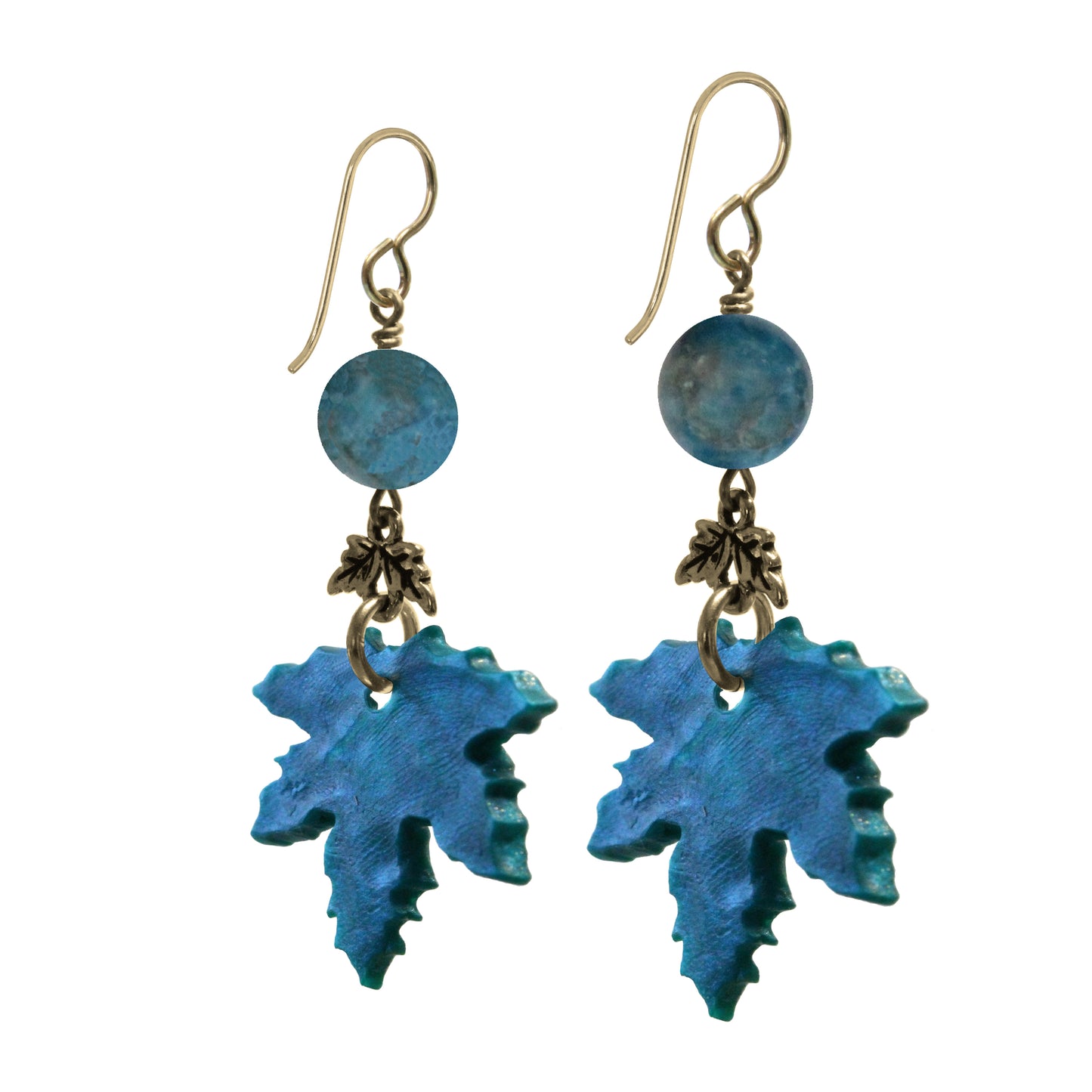 Winter Blue Maple Leaf Charm Earrings / gold filled hook earwires