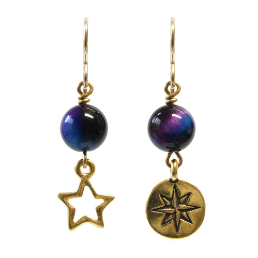 Rainbow Tiger's Eye Celestial Earrings / 40mm length / gold filled earwires