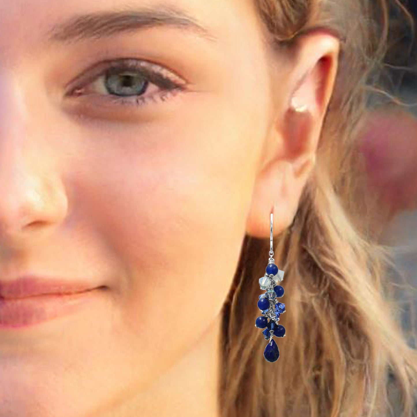 Blue Lapis Cascade Earrings / 50mm length / sterling silver hook earwires