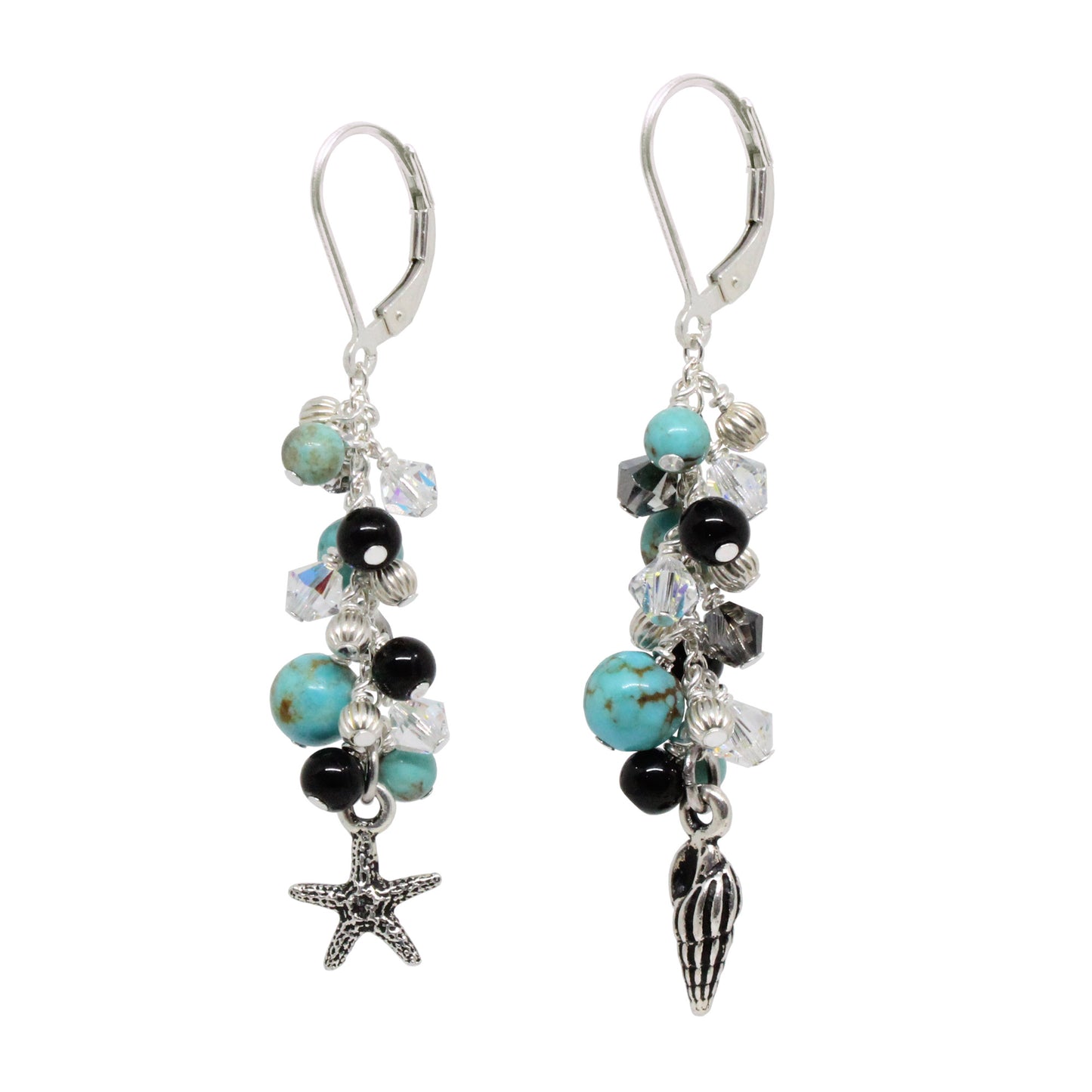 Cascade Earrings / 60mm length / stabilized #8 Mine turquoise / pewter beach charms / sterling silver leverback earwires