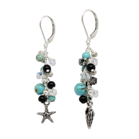 Cascade Earrings / 60mm length / stabilized #8 Mine turquoise / pewter beach charms / sterling silver leverback earwires