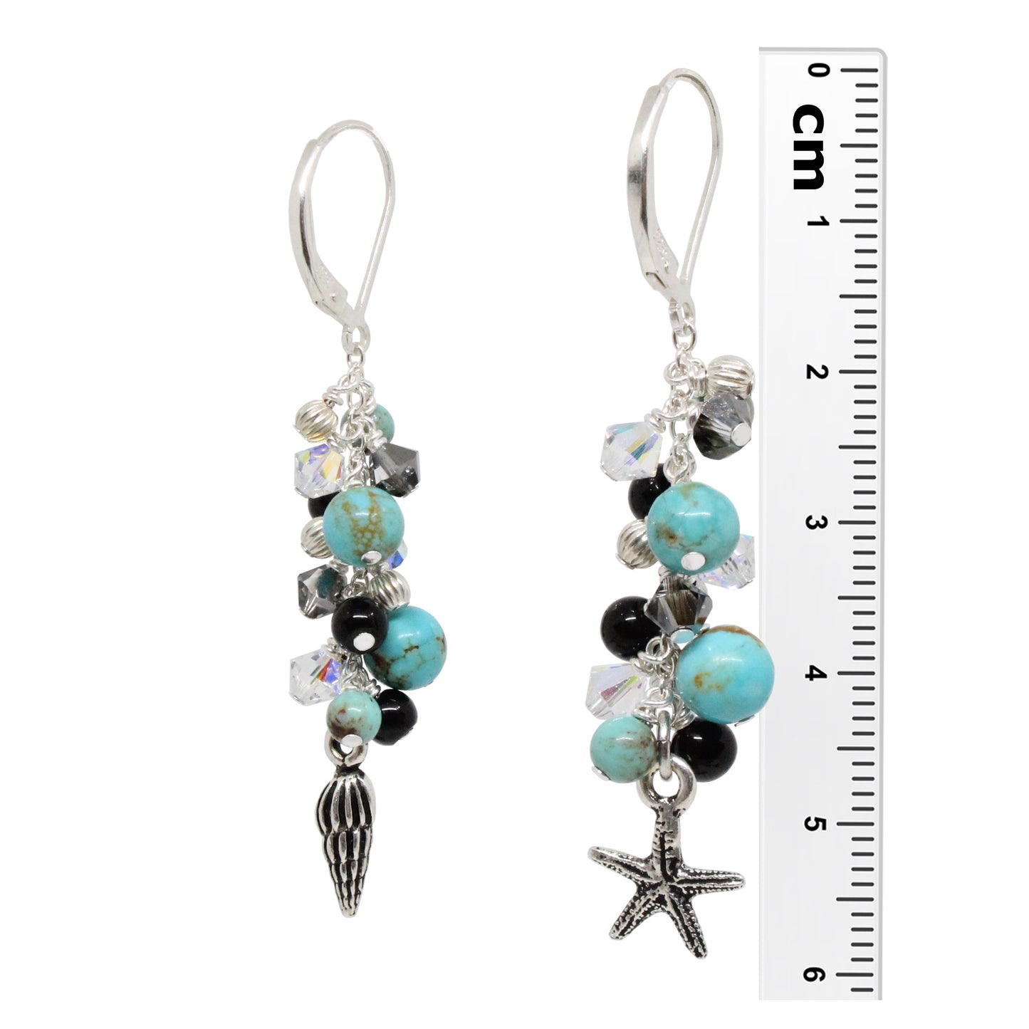 Cascade Earrings / 60mm length / stabilized #8 Mine turquoise / pewter beach charms / sterling silver leverback earwires