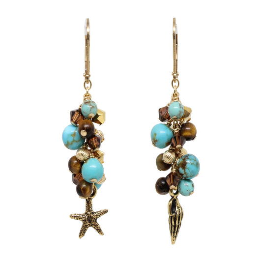 Cascade Earrings with #8 Mine turquoise gemstones / 60mm length / with beach charms and gold filled leverback earwires