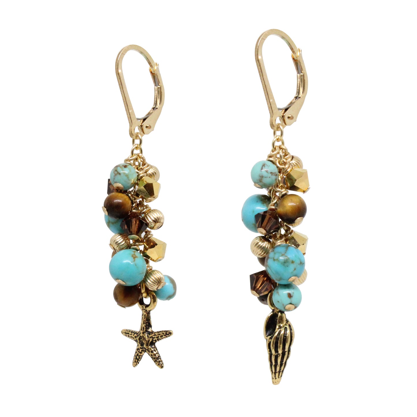 Cascade Earrings / 60mm length / stabilized #8 Mine turquoise / pewter beach charms / gold filled leverback earwires