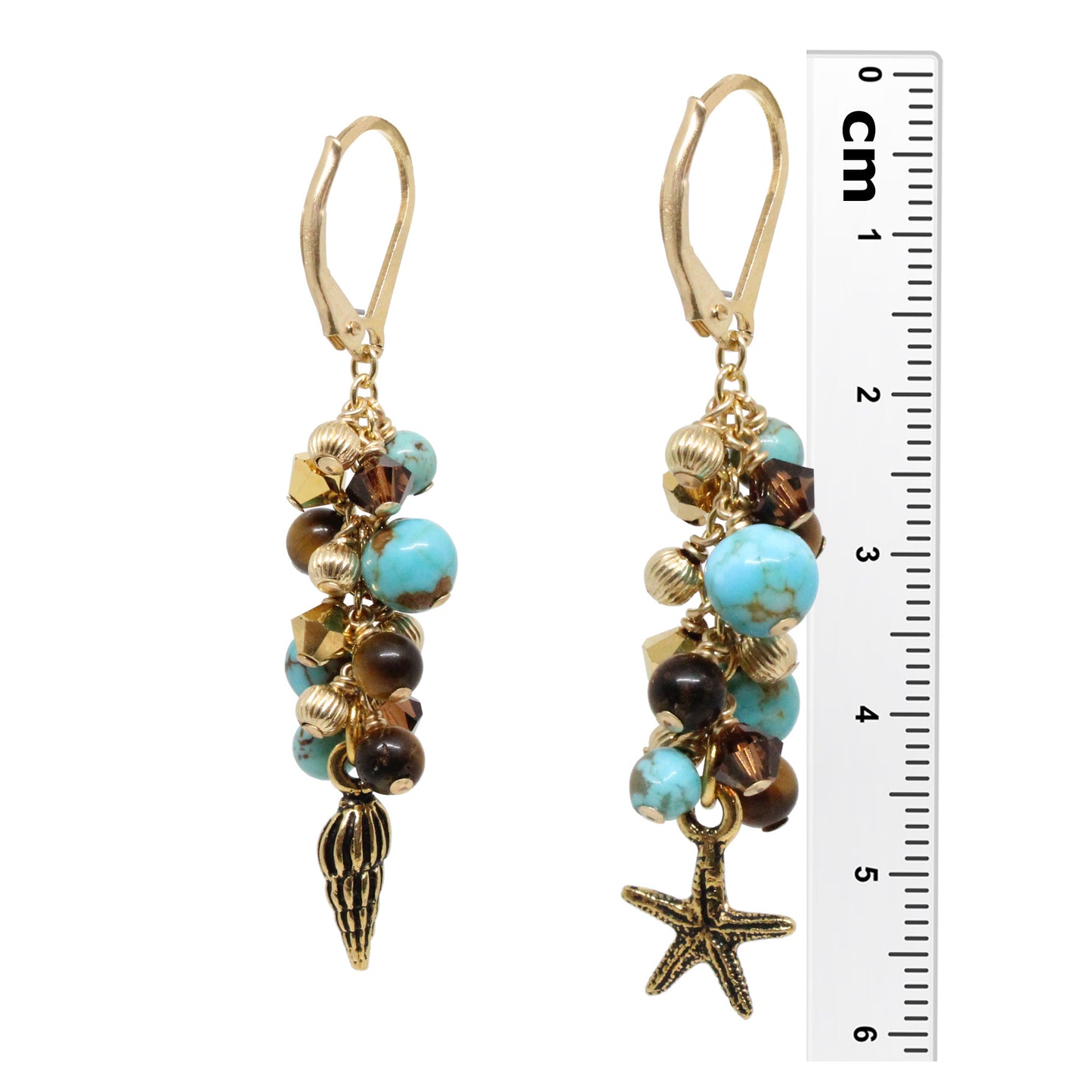Cascade Earrings / 60mm length / stabilized #8 Mine turquoise / pewter beach charms / gold filled leverback earwires