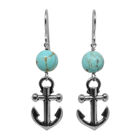 Anchor Earrings / 45mm length / #8 Mine turquoise gemstones / sterling silver hook earwires