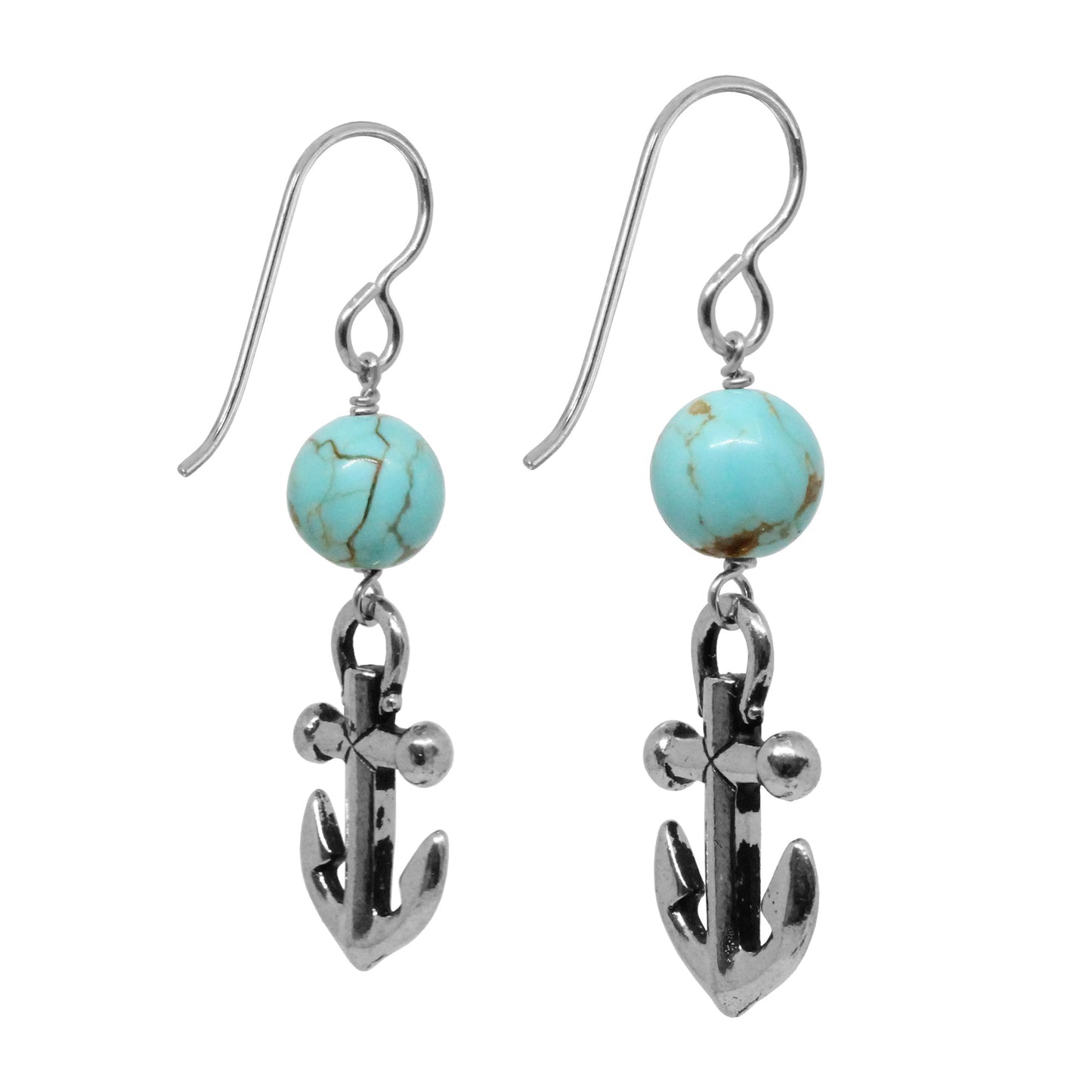 Anchor Earrings / 45mm length / stabilized genuine turquoise (#8 Mine Nevada) / sterling silver hook earwires