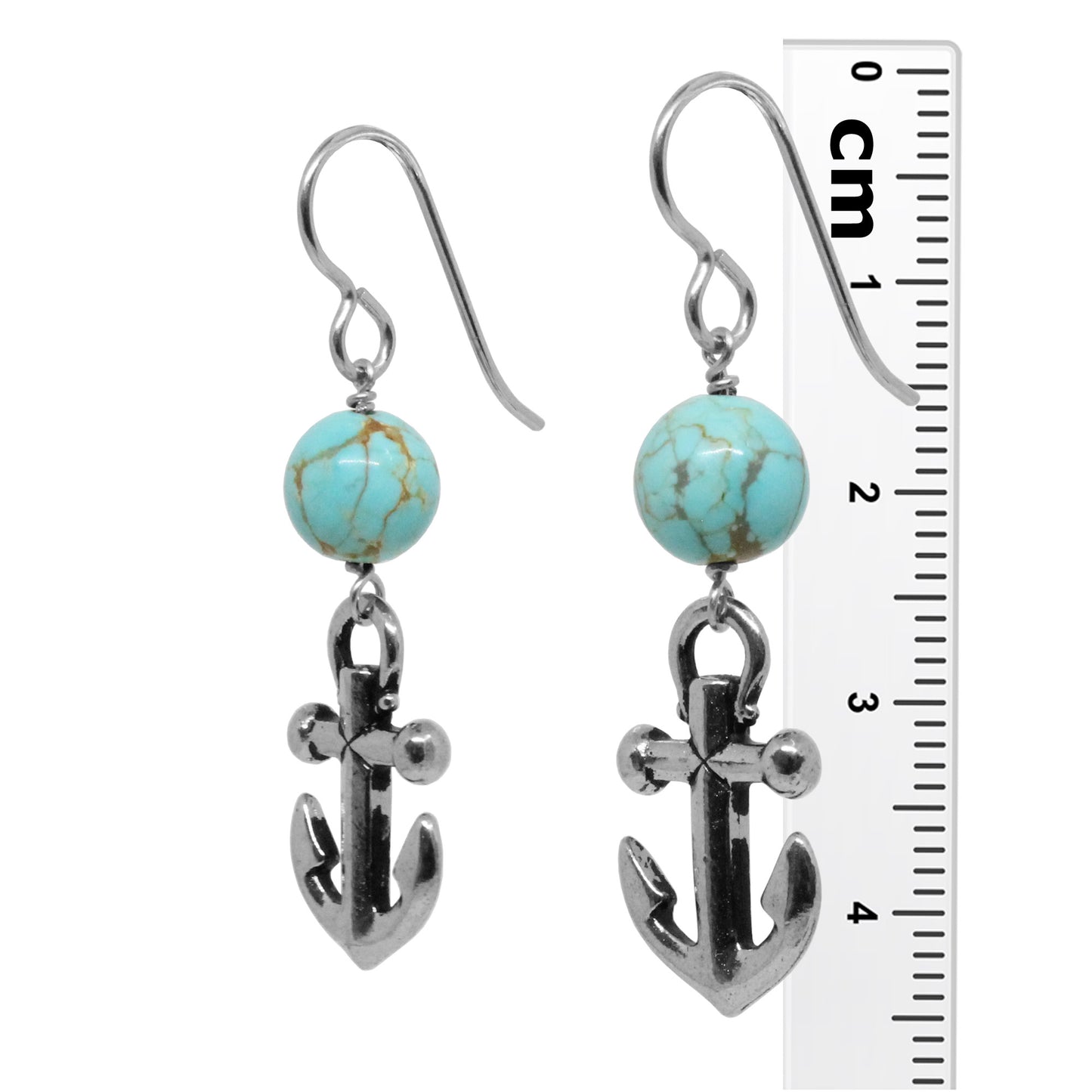 Anchor Earrings / 45mm length / stabilized genuine turquoise (#8 Mine Nevada) / sterling silver hook earwires