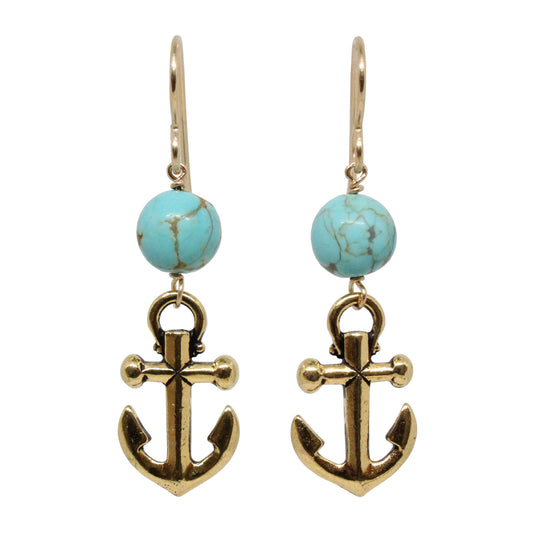 Anchor Earrings / 45mm length / #8 Mine turquoise gemstones / gold filled hook earwires