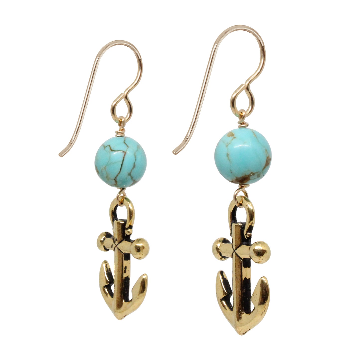 Anchor Earrings / 45mm length / #8 Mine turquoise gemstones / gold filled hook earwires