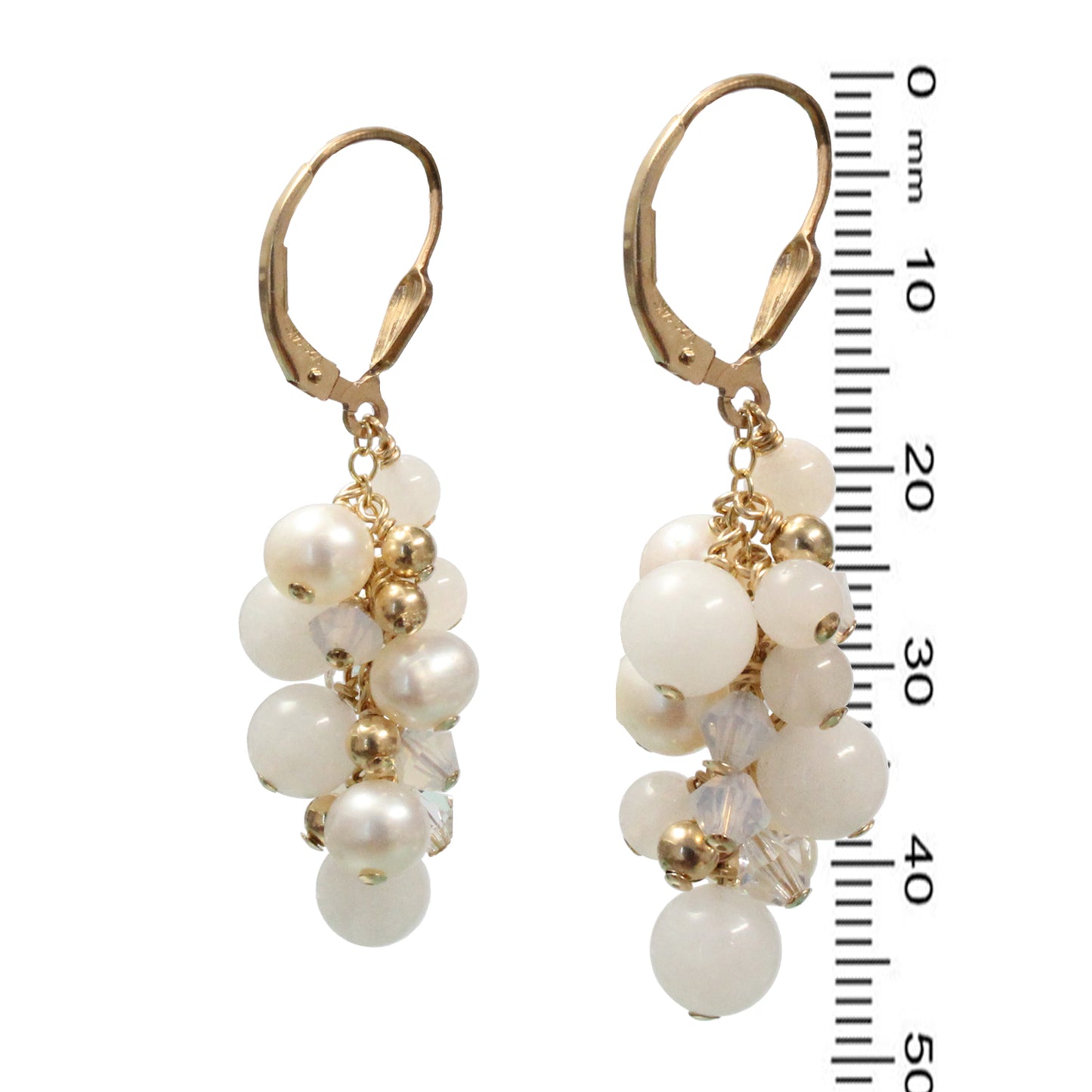 White Cascade Earrings / 48mm length / snow jade, pearls and crystal, gold filled leverback earwires