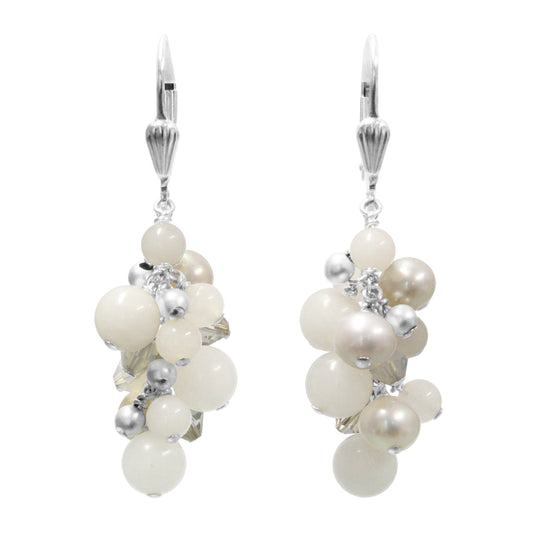White Cascade Earrings / 48mm length / snow jade, pearls and crystal, sterling silver leverback earwires