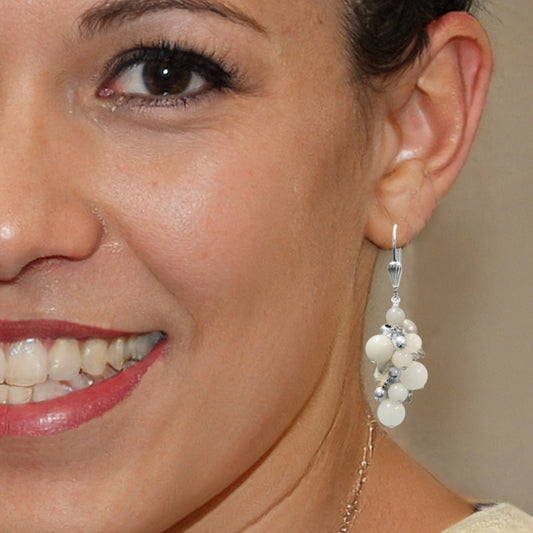 White Cascade Earrings / 48mm length / snow jade, pearls and crystal, sterling silver leverback earwires